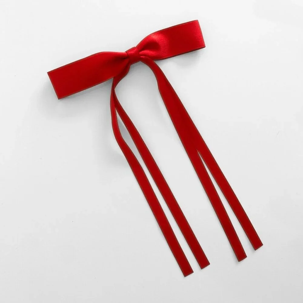 NWT Pretty Girls Long Hair Bows Satin Ribbon Clip on Kids Hair Accessory Red